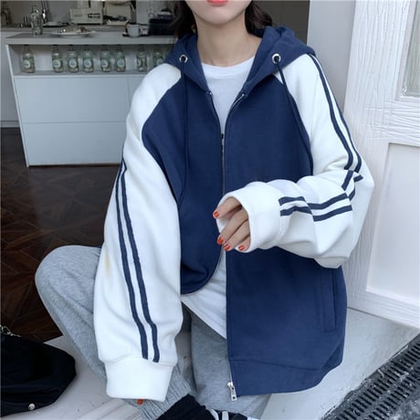 パーカー 袖ライン バイカラー ジップアップ 長袖 オーバーサイズ ゆったり レトロ 韓国ファッション レディース 大人可愛い ガーリー カジュアル DTC-656269992331