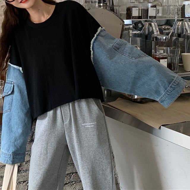 新品⭐︎異素材ドッキングトップス⭐︎定価２３１００円⭐︎デニム✖️ブラック☆送料込み トップス 異素材 デニム袖 ドッキングトップス 切替 デニム
