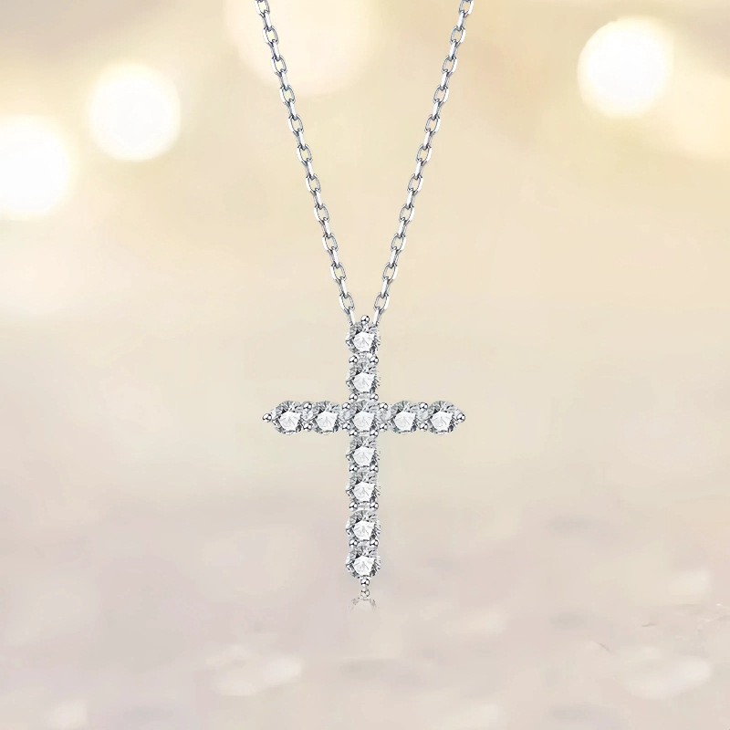 スターリングシルバー クロス ネックレス チェーン付き CZ