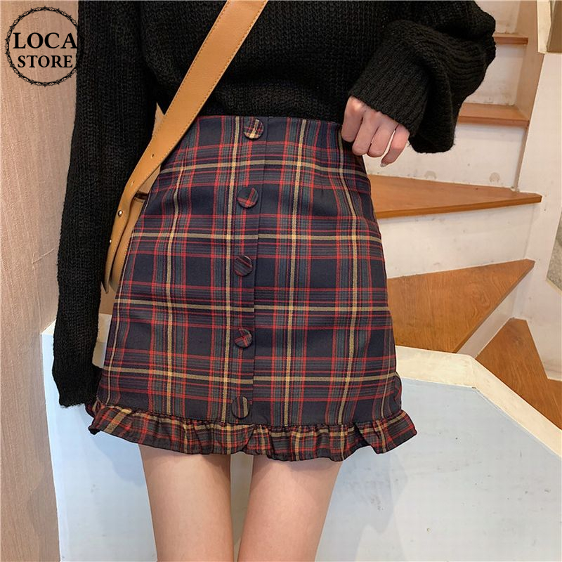 チェック柄 ミニスカート 裾フリル フロントボタン ショート A