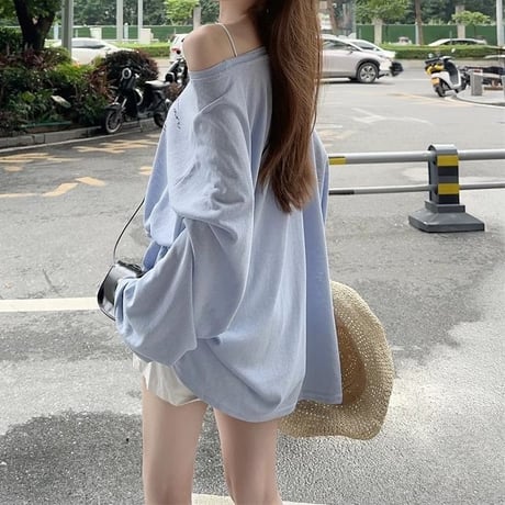 シアートップス ロンT ロゴプリント オーバーサイズ  ゆったり トップス tシャツ 冷房対策 紫外線対策 長袖 レトロ 大人可愛い ガーリー カジュアル DTCA-870596164404