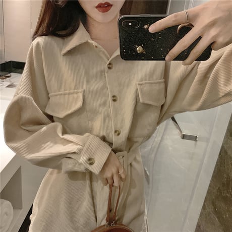 コーデュロイシャツ コーデュロイ シャツワンピース ベルト付き 長袖 ゆったり 韓国ファッション レディース カジュアル 大人カジュアル 大人可愛い ガーリー DTC-602944254740