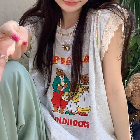 Tシャツ フライングスリーブ レース トップス ノースリーブ オーバーサイズ レトロ 韓国ファッション レディース 大人可愛い ガーリー カジュアル DTC-768900343552