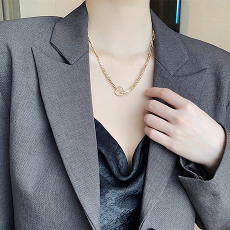 ダブルハート ネックレス CZ チェーン付き レディース ペンダント 合金 アクセサリーDTC-633357761746)