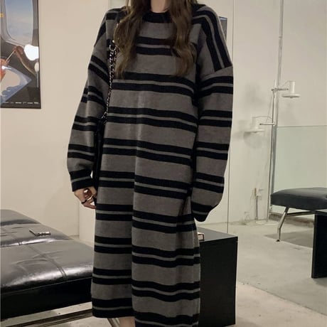 ボーダー柄 ニットワンピース クルーネック ロング丈 ニット ランダムボーダー 長袖 ゆったり 韓国ファッション レディース カジュアル 大人可愛い ガーリー DTC-662845743364