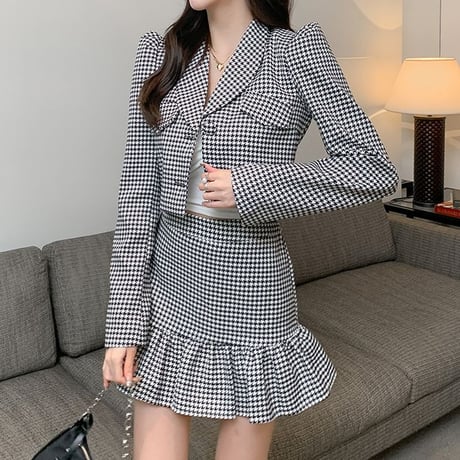 セットアップ チェック柄 ショートジャケット フィッシュテールスカート ハイウエスト 韓国ファッション レディース 2点セット レトロ 大人可愛い ガーリー DTC-653207105391