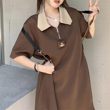 ポロワンピース ハーフジップ バックプリント 半袖 配色 POLOカラー ミニワンピース ハイウエスト レトロ 韓国ファッション レディース ガーリー カジュアル DTC-679716051631