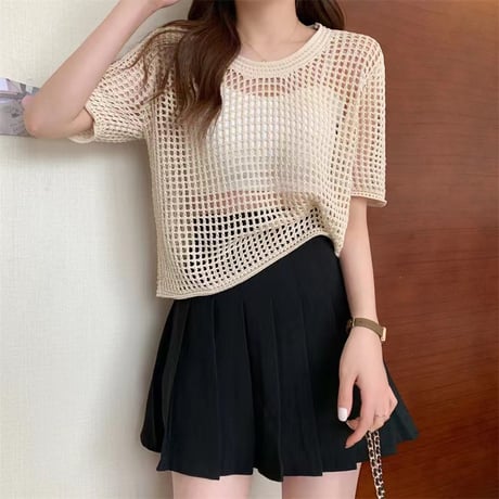 サマーニット メッシュ トップス プルオーバー tシャツ 透かし編み クルーネック ショート丈 レイヤードトップス 半袖 レトロ 大人可愛い ガーリー カジュアル DTCA-676945045996