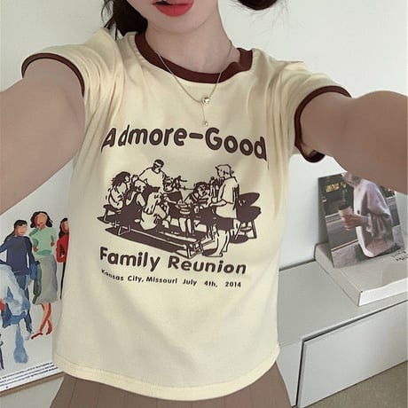 レトロプリント Tシャツ ショート丈 半袖 クルーネック スリムフィット レトロ カジュアル ストリートファッション ストリート系女子 DTCA-702505709620