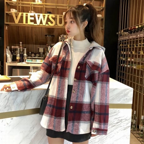 パーカー ネルシャツ 韓国ファッション レディース チェック柄 レイヤード 重ね着風 フード脱着 厚手 アウター 秋冬 カジュアル (DTC-601523687618)