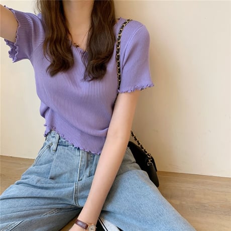 ウェーブヘム リブニット サマーニット Tシャツ 半袖 ラウンドネック トップス 韓国ファッション レディース カットソー シンプル 大人可愛い ガーリー DTC-639423318201