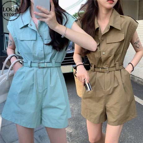 オールインワン ジャンプスーツ ベルト付き ショート丈 ノースリーブ ルーズ ハイウエスト レトロ 韓国ファッション レディース 大人可愛い ガーリー カジュアル DTC-720748457396