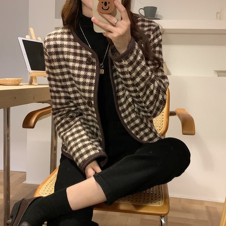 チェック柄 ショートジャケット ノーカラー 襟なし シングルブレスト 長袖 ルーズ レトロ 韓国ファッション レディース 大人可愛い ガーリ DTC-657458574513