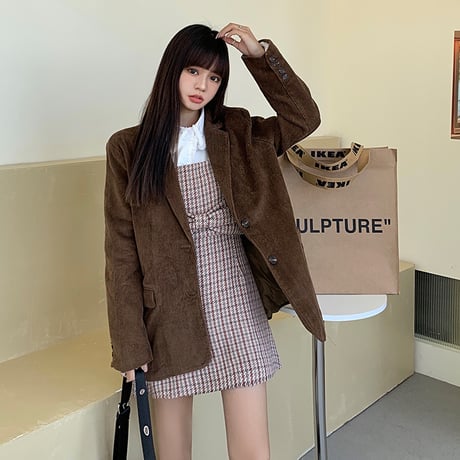 コーデュロイ テーラードジャケット ルーズ シングルブレスト 韓国ファッション レディース 長袖 大人可愛い ガーリー DTC-632327247917