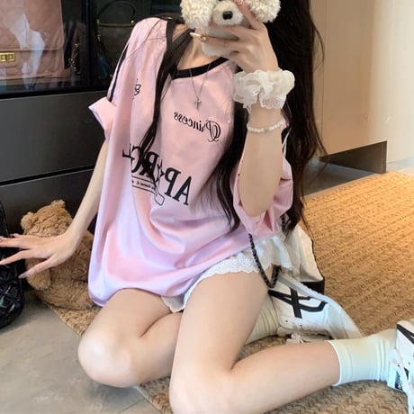 Tシャツ ユニフォーム風 サイドライン Vネック トップス 半袖 オーバーサイズ レトロ 韓国ファッション レディース 大人可愛い ガーリー スポーツミックス DTC-812444710826