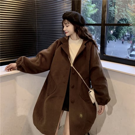 フード付き コート 韓国 ファッション レディース ポケット ランタンスリーブ パフ袖 アウター ロング丈コート ウールコート レトロ (DTC-606921346543)