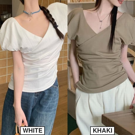 Tシャツ クロスデザイン Vネック パフスリーブ 薄手 半袖 レトロ 韓国ファッション レディース 大人可愛い ガーリー DTC-715100887328