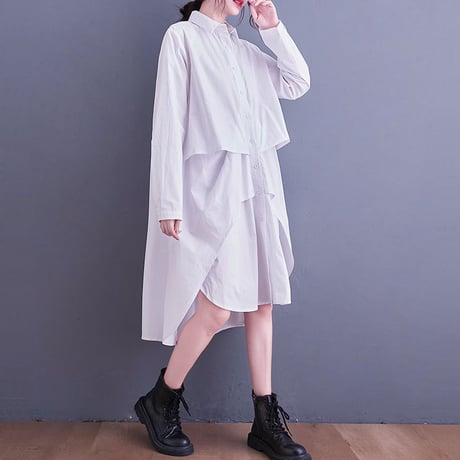 シャツワンピース ロングシャツ シャツ ワンピース アシンメトリー 不規則デザイン ルーズ 長袖 レトロ 韓国ファッション レディース 大人可愛い ガーリー DTC-634484580166