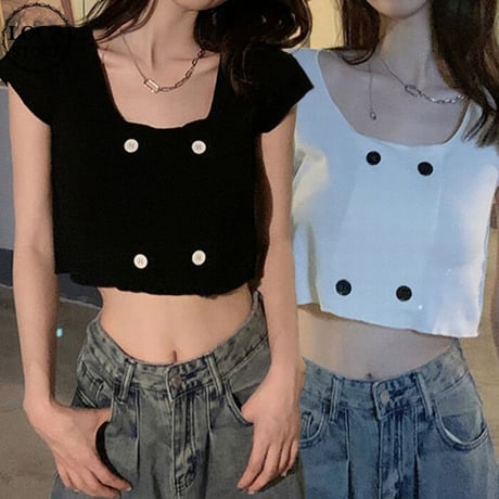 Tシャツ クロップド丈 スクエアネック ダブルボタン ショート丈 へそ出し カットソー トップス 半袖 レトロ 韓国ファッション レディース 大人可愛い ガーリー DTC-679611394353