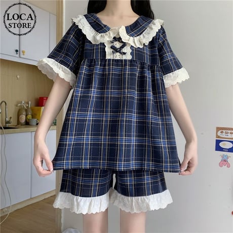 ルームウェア パジャマ セットアップ チェック柄 フリル トップス ショートパンツ 韓国ファッション レディース 上下セット 部屋着 ガーリー フェミニン DTC-639918013905_a