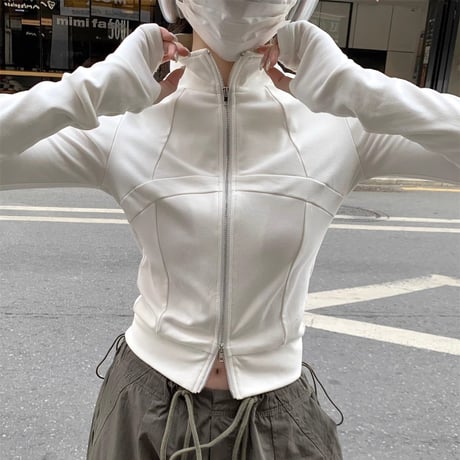 ダブルジップ トップス ショート丈 ハイネック タイト スリムフィット ジャージ スタンドカラー 長袖 レトロ 大人可愛い ガーリー カジュアル DTCA-841101729923