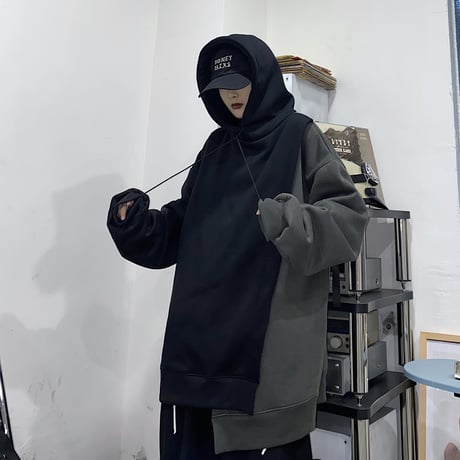 ユニセックス パーカー アシンメトリー 重ねデザイン プラスベルベット ルーズ 韓国ファッション メンズ レディース 男女兼用 アシメ カジュアル ストリート系 DTC-634512223674