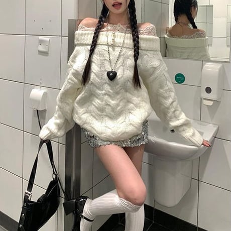 ニット ケーブル編み レース オフショルダー ボタン トップス 長袖 ゆったり ルーズ レトロ 大人可愛い ガーリー DTCA-974012246141