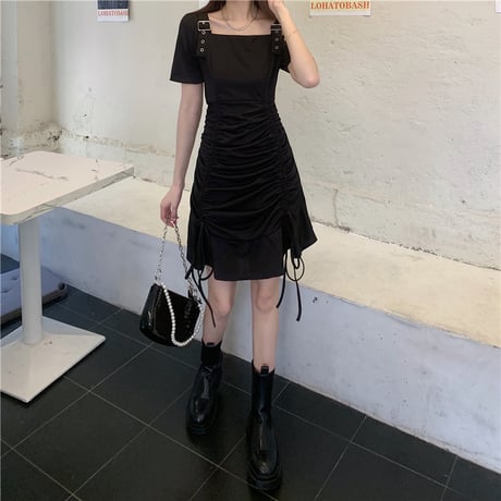 ワンピース ショルダーベルト 薄手 スクエアネック 韓国ファッション レディース ガーリー 大人可愛い DTC-641993330070