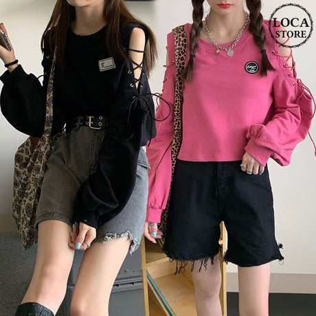 トップス トレーナー オープンショルダー レースアップ 韓国ファッション レディース カットソー 肩あき 長袖 ゆったり シンプル ルーズ 大人可愛い ガーリー DTC-626359658733