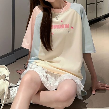 Tシャツ バイカラー ラグランスリーブ トップス 半袖 オーバーサイズ レトロ 韓国ファッション レディース 大人可愛い ガーリー カジュアル DTC-810220270153