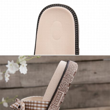 チェック柄 リボン サンダル 22.5～25.0cm ダブルベルト フラット 厚底サンダル 歩きやすい かわいい フェミニン DTC-588162485550