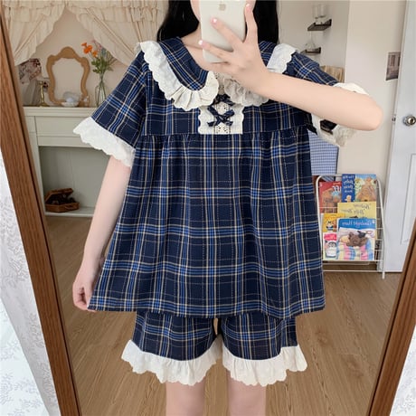 ルームウェア パジャマ セットアップ チェック柄 フリル トップス ショートパンツ 韓国ファッション レディース 上下セット 部屋着 ガーリー フェミニン DTC-639918013905_a