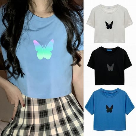 クロップド丈 Tシャツ 反射光 バタフライ 半袖 韓国ファッション レディース トップス ショート丈 プリント ガーリー カジュアル ストリートファッション DTC-617478923344