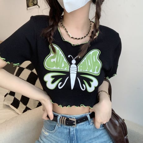 【3カラー】 ニット tシャツ バタフライ 蝶 トップス メロウフリル クロップド丈 半袖 レトロ 韓国ファッション レディース 大人可愛い ガーリー カジュアル DTC-712413339191