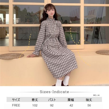 チェック柄 ワンピース ミモレ丈 長袖 韓国ファッション レディース 切り替え レトロ ハイウエスト トランペットスリーブ ベルスリーブ DTC-607226255510