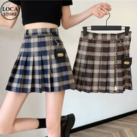 チェック柄 プリーツスカート  チェーンバッグ付き ミニスカート ハイウエスト サイドジッパー レトロ 韓国ファッション レディース 大人可愛い ガーリー DTC-675640807603