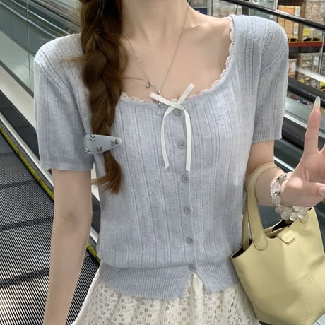 ニット tシャツ リボン レース ショート丈 薄手 スクエアネック トップス スリムフィット タイトフィット 半袖 レトロ 大人可愛い ガーリー DTCA-927556917788