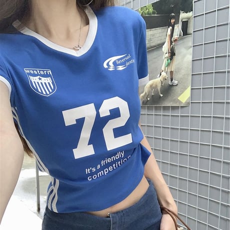 Tシャツ ユニフォーム風 サイドライン Vネック ショート丈 バイカラー トップス 半袖 レトロ 韓国ファッション レディース 大人可愛い ガーリー スポーツミックス DTC-802799667904