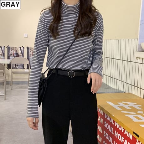 ストライプ スリムフィット カットソー ハイネック 韓国ファッション レディース 起毛 タートルネック タイト 長袖 Tシャツ レトロ (DTC-608574695103)