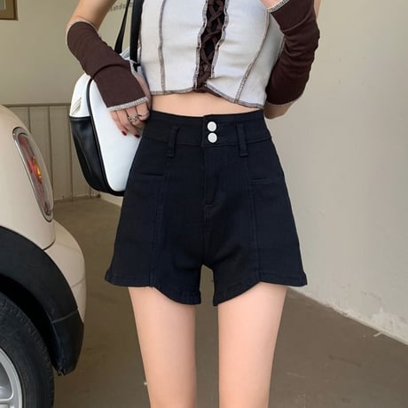 デニムショートパンツ ブラック ワイドレッグパンツ ボタン ハイウエスト Aライン レトロ 韓国ファッション レディース 大人可愛い ガーリー カジュアル DTC-667422863677