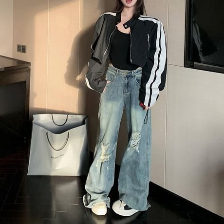サイドライン ショート丈 ジャケット ジップアップ 長袖 レトロ カジュアル 韓国ファッション レディース 大人可愛い ガーリー ストリート系ファッション DTC-739584691006