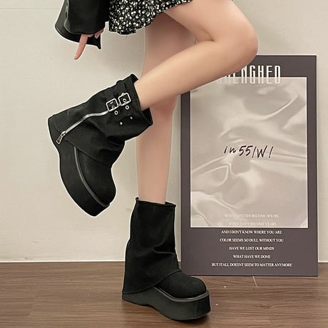 厚底 ショートブーツ 22.5～25.0cm バックル サイドジッパー 厚底ブーツ プラットフォーム ブーツ カジュアル 韓国ファッション レディース DTC-741312023736