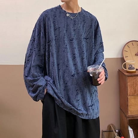 【3カラー】 ユニセックス ダメージ加工 Tシャツ 長袖 オーバーサイズ トップス 韓国ファッション メンズ レディース カジュアル 韓国ストリートファッション DTC-695763372099
