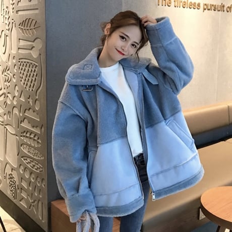 ボアブルゾン ジップアップ 韓国 ファッション レディース ボアジャケット もこもこ ボア ベルト ドロップショルダー オーバーサイズ (DTC-606104703290)