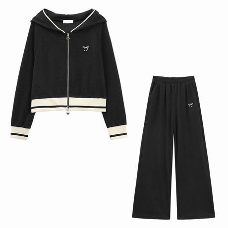 セットアップ トップス パーカー ワイドパンツ ダブルジップ ハートチャーム ジャージ 長袖 レトロ 韓国ファッション レディース 大人可愛い ガーリー カジュアル DTC-747506383779