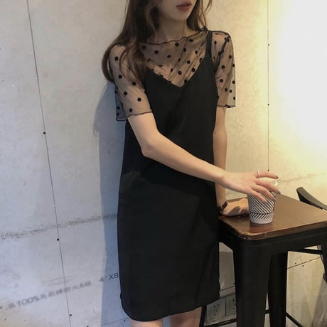 セットアップ 2点セット キャミワンピース ドット柄 レース Tシャツ ノースリーブ 大人可愛い ガーリー 韓国ファッション レディース DCT-621675137865
