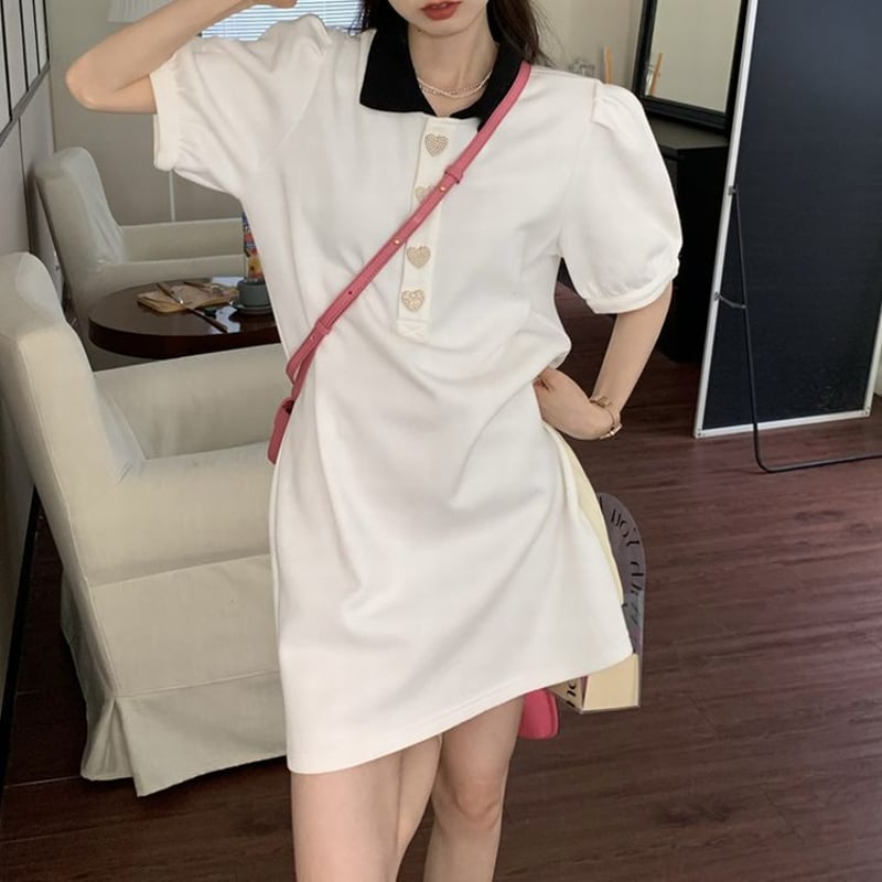 ポロカラーワンピース ポロワンピース ハート型ボタン 半袖 レトロ  