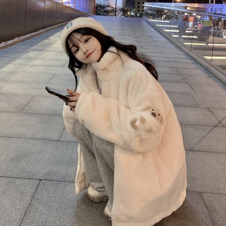 クマのぬいぐるみ付き ボアジャケット ボアブルゾン ゆったり アウター レトロ 韓国ファッション レディース 大人可愛い ガーリー フェミニン カジュアル DTC-657634169827