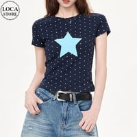 tシャツ ドット柄 スター 星 ショート丈 クルーネック タイト トップス スリムフィット タイトシルエット 半袖 レトロ 大人可愛い ガーリー カジュアル DTCA-1039930699153