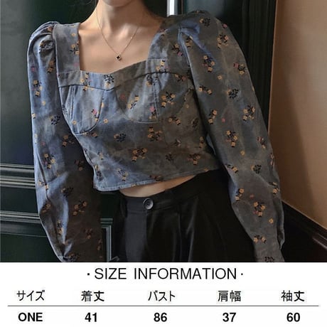 デニム ブラウス 花柄 スクエアネック トップス パフスリーブ 長袖 ショート丈 レトロ 韓国ファッション レディース 大人可愛い ガーリー フェミニン DTC-627019163585